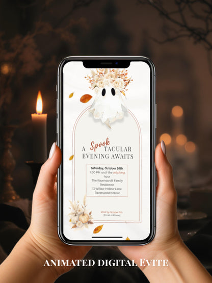 Halloween Digital Evite, Animated Halloween Party Invitation, Editable Canva Template, Black and Gold Ghost Invitation, Elegant Fall Invite