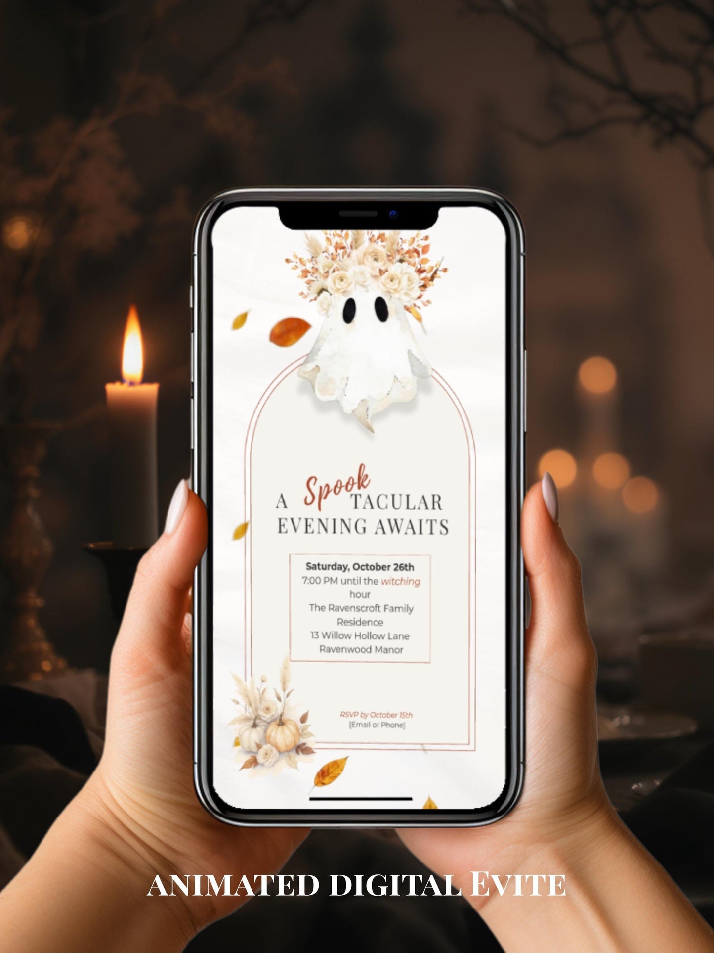 Halloween Digital Evite, Animated Halloween Party Invitation, Editable Canva Template, Black and Gold Ghost Invitation, Elegant Fall Invite