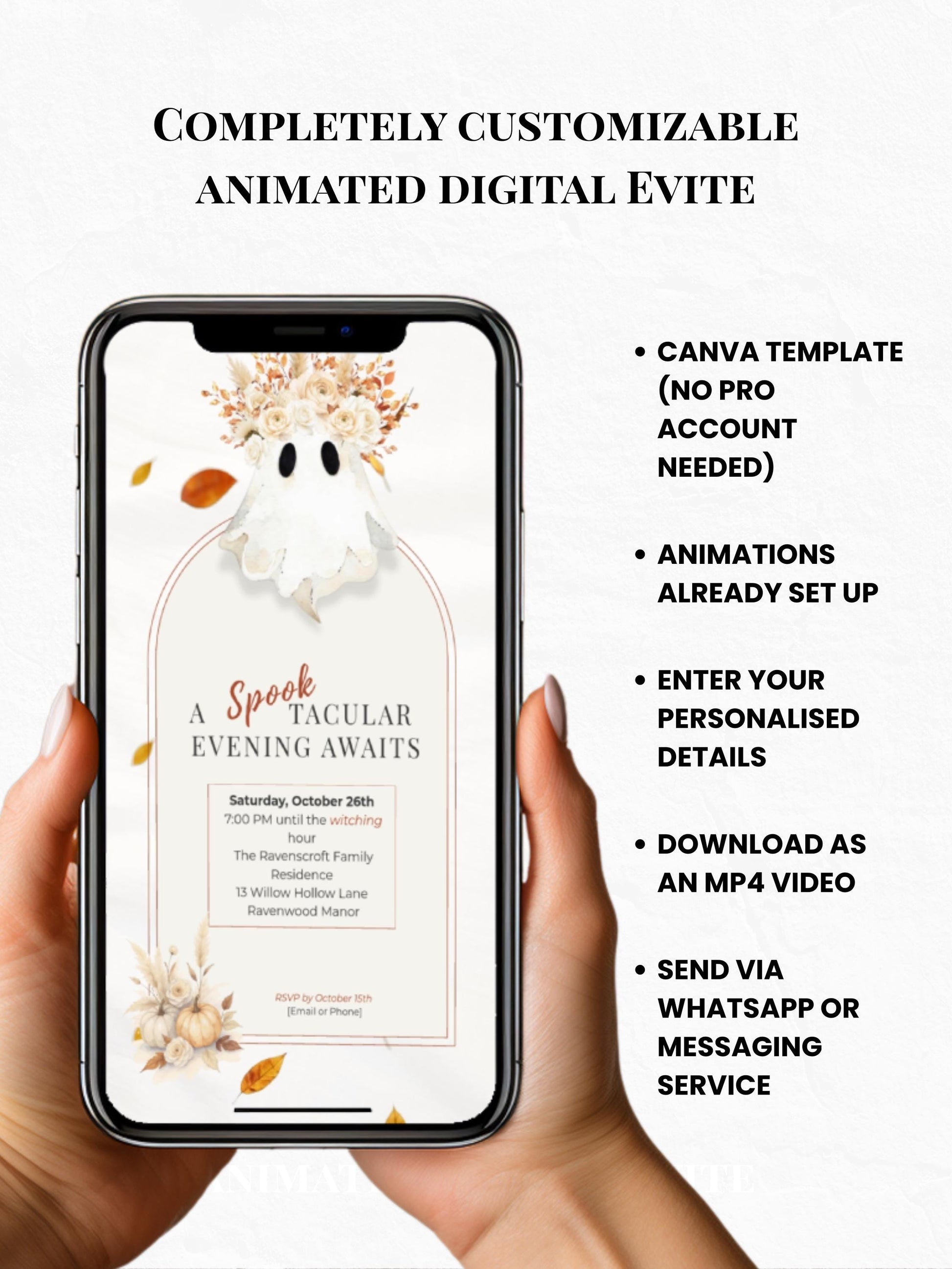 Halloween Digital Evite, Animated Halloween Party Invitation, Editable Canva Template, Black and Gold Ghost Invitation, Elegant Fall Invite