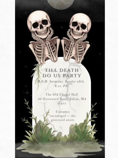 Skeleton Halloween Party Evite – Animated Digital Invitation, Editable Canva Template, Spooky Graveyard Autumn Event Invite, Fall Stationary