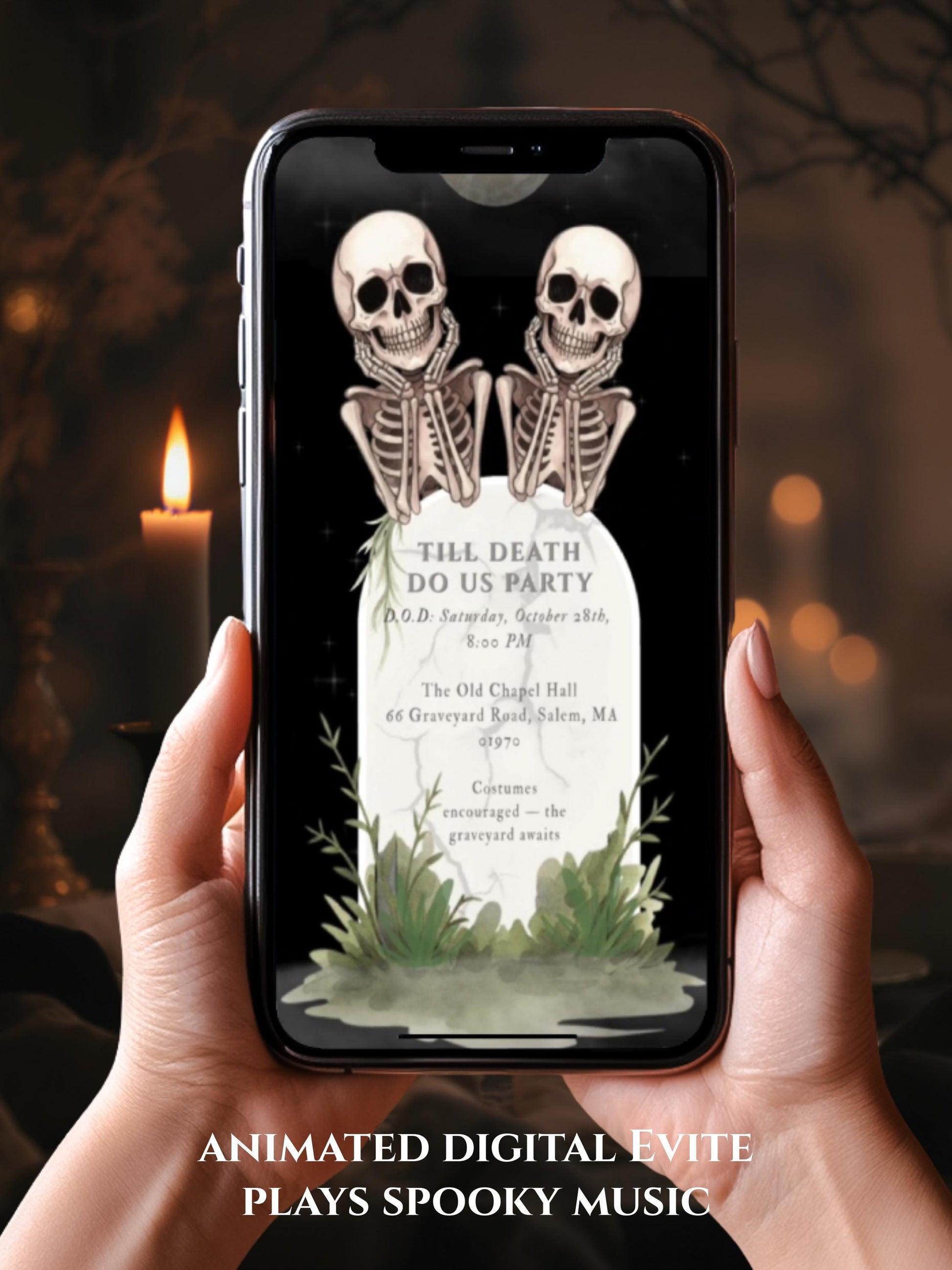 Skeleton Halloween Party Evite – Animated Digital Invitation, Editable Canva Template, Spooky Graveyard Autumn Event Invite, Fall Stationary