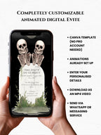 Skeleton Halloween Party Evite – Animated Digital Invitation, Editable Canva Template, Spooky Graveyard Autumn Event Invite, Fall Stationary