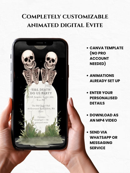 Skeleton Halloween Party Evite – Animated Digital Invitation, Editable Canva Template, Spooky Graveyard Autumn Event Invite, Fall Stationary