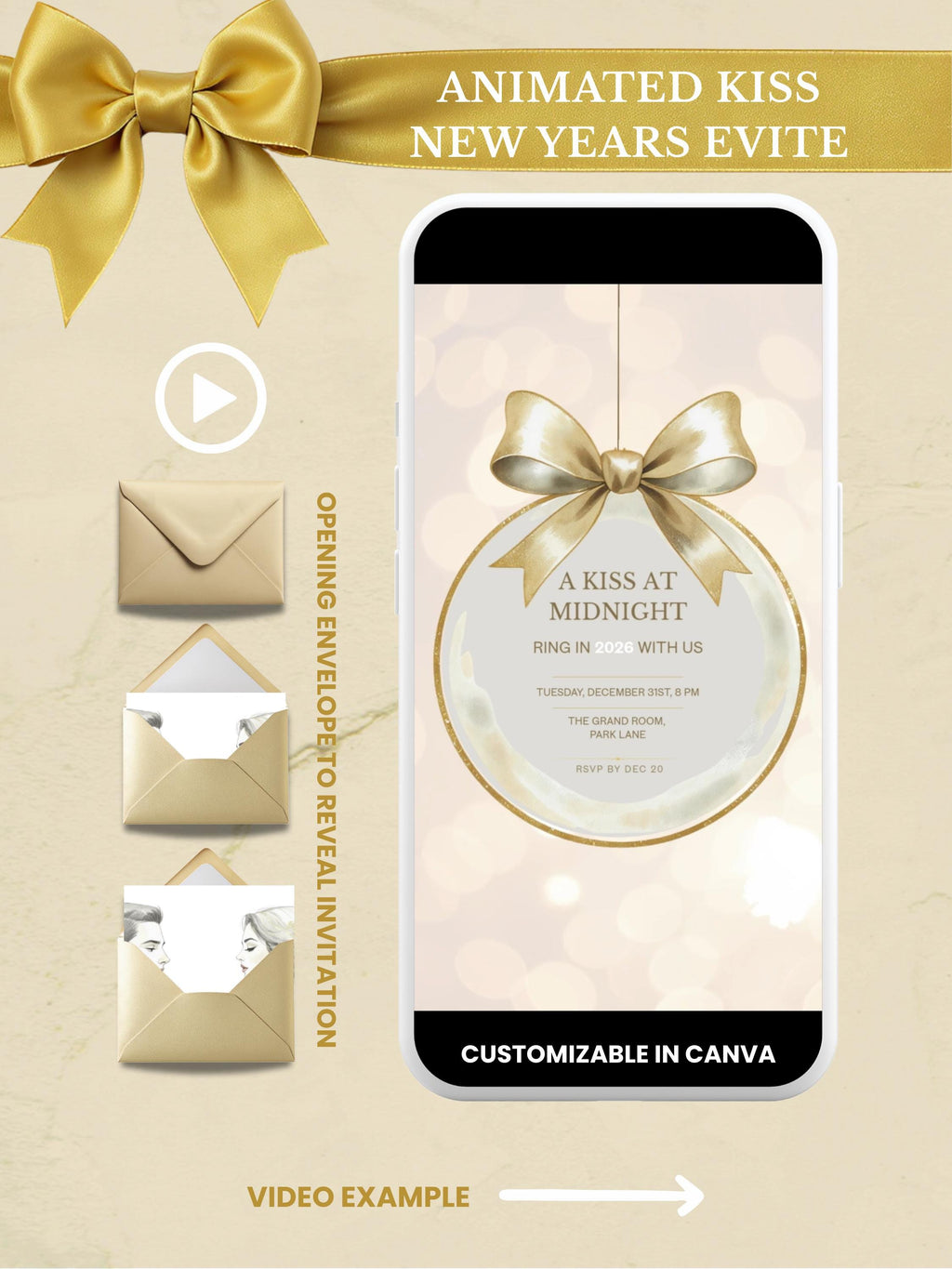 New Year’s Eve Invitation, Animated Digital Evite, Elegant Gold Champagne Party Invite, Editable Canva Template, Bring in the Bells Midnight