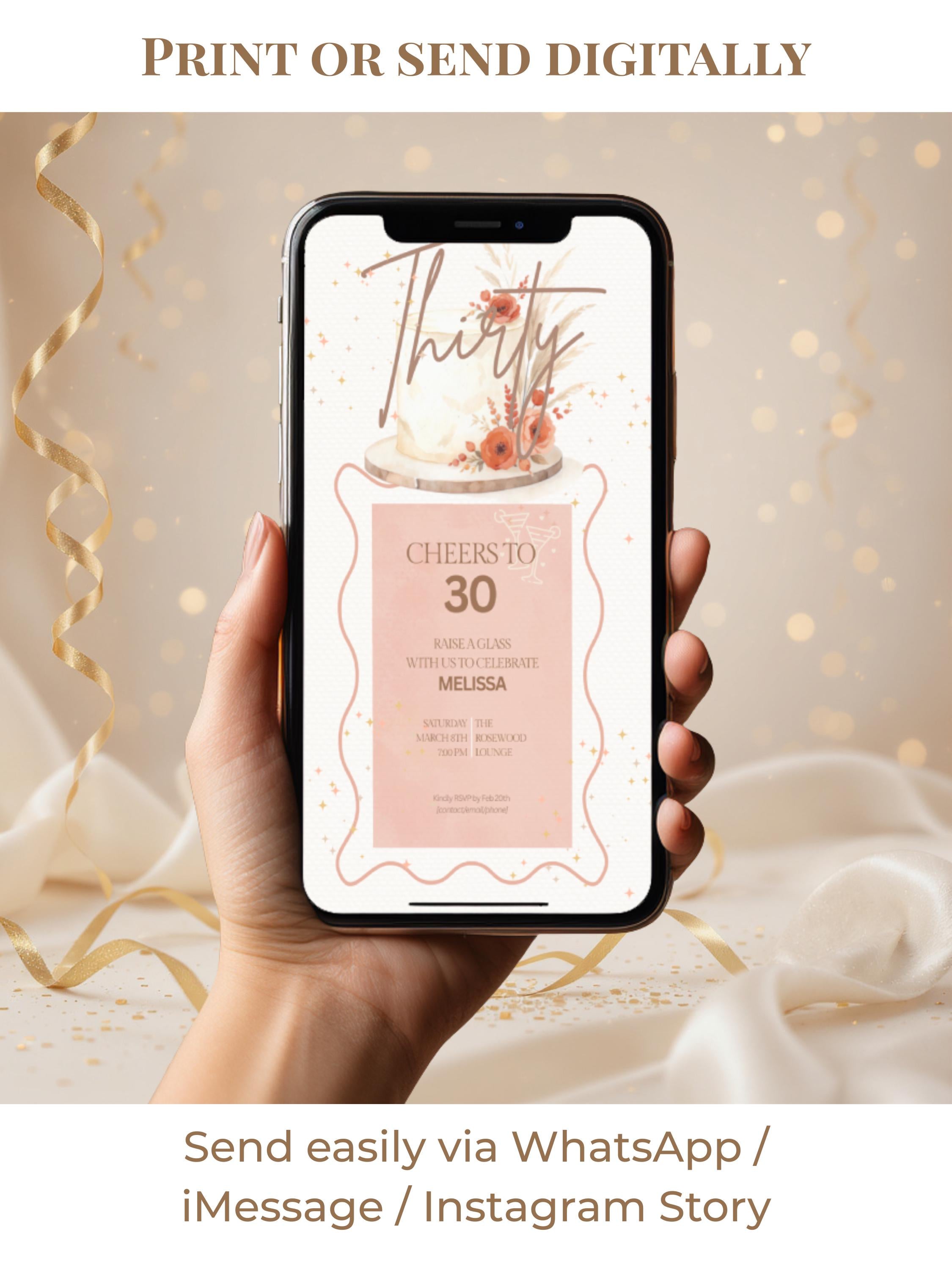30th Birthday Invitation - Customizable Digital Download (Editable Instant Canva Template). Cheers to 30 Drinks Theme