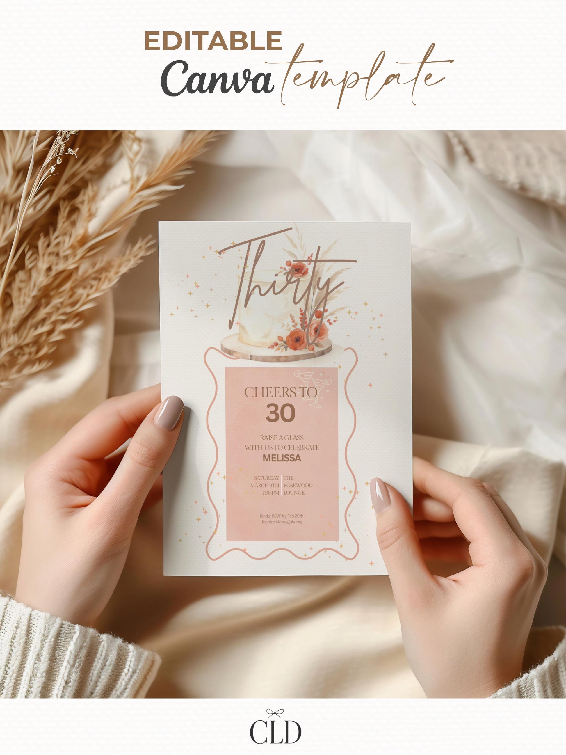 30th Birthday Invitation - Customizable Digital Download (Editable Instant Canva Template). Cheers to 30 Drinks Theme