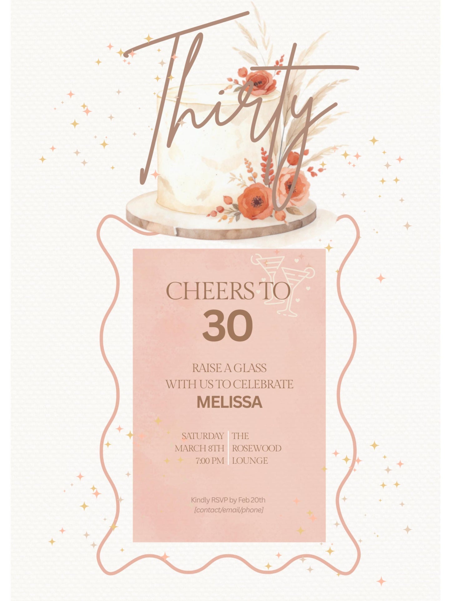 30th Birthday Invitation - Customizable Digital Download (Editable Instant Canva Template). Cheers to 30 Drinks Theme