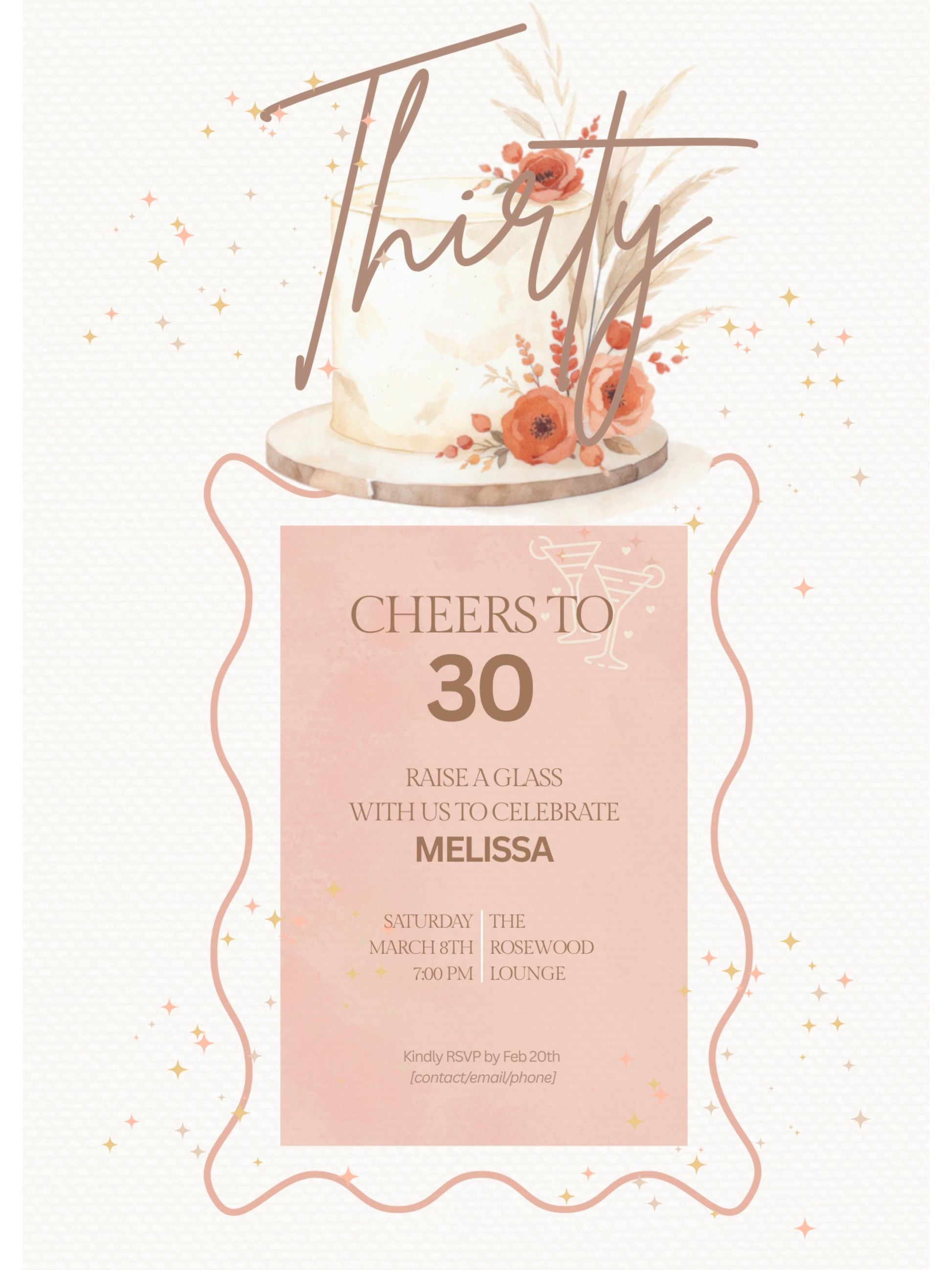 30th Birthday Invitation - Customizable Digital Download (Editable Instant Canva Template). Cheers to 30 Drinks Theme