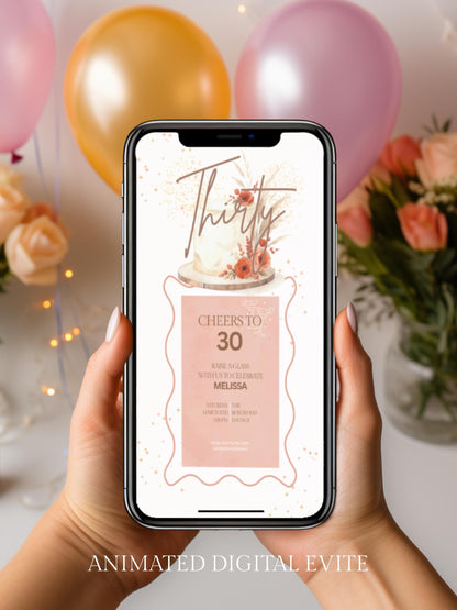 30th Birthday Invitation Animated Digital Evite with Clinking Glass Animation and Envelope Reveal, Peach Pink Editable Canva Video Template