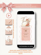 30th Birthday Invitation Animated Digital Evite with Clinking Glass Animation and Envelope Reveal, Peach Pink Editable Canva Video Template