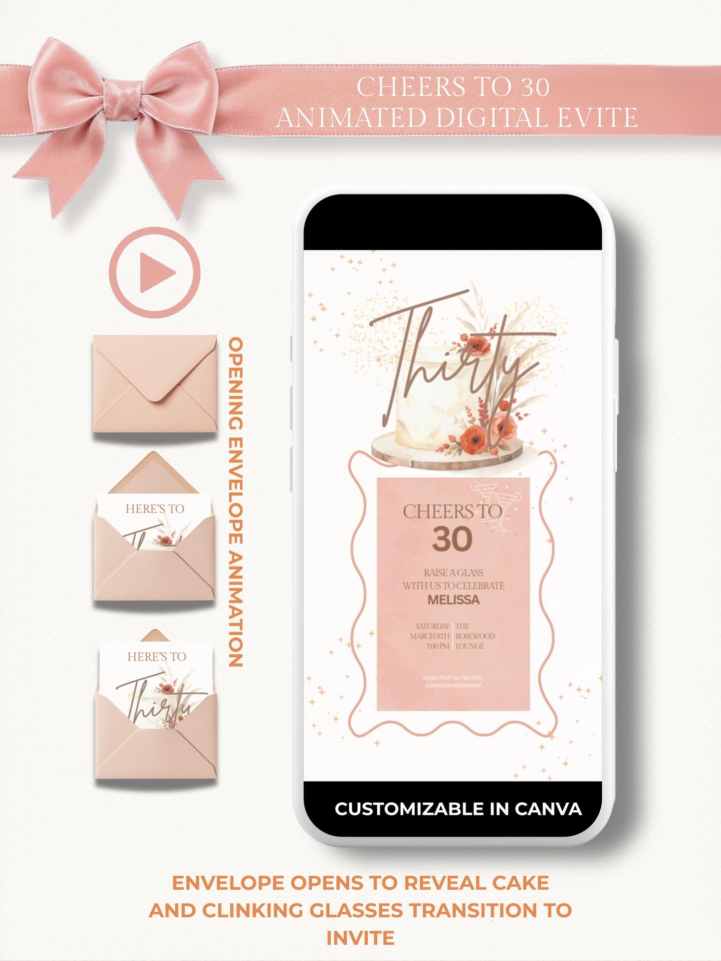 30th Birthday Invitation Animated Digital Evite with Clinking Glass Animation and Envelope Reveal, Peach Pink Editable Canva Video Template