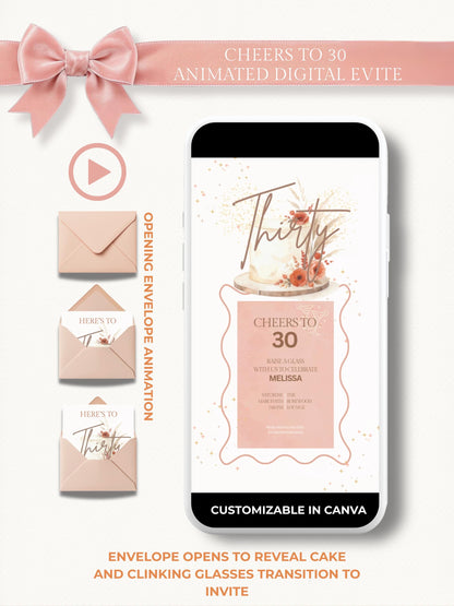 30th Birthday Invitation Animated Digital Evite with Clinking Glass Animation and Envelope Reveal, Peach Pink Editable Canva Video Template
