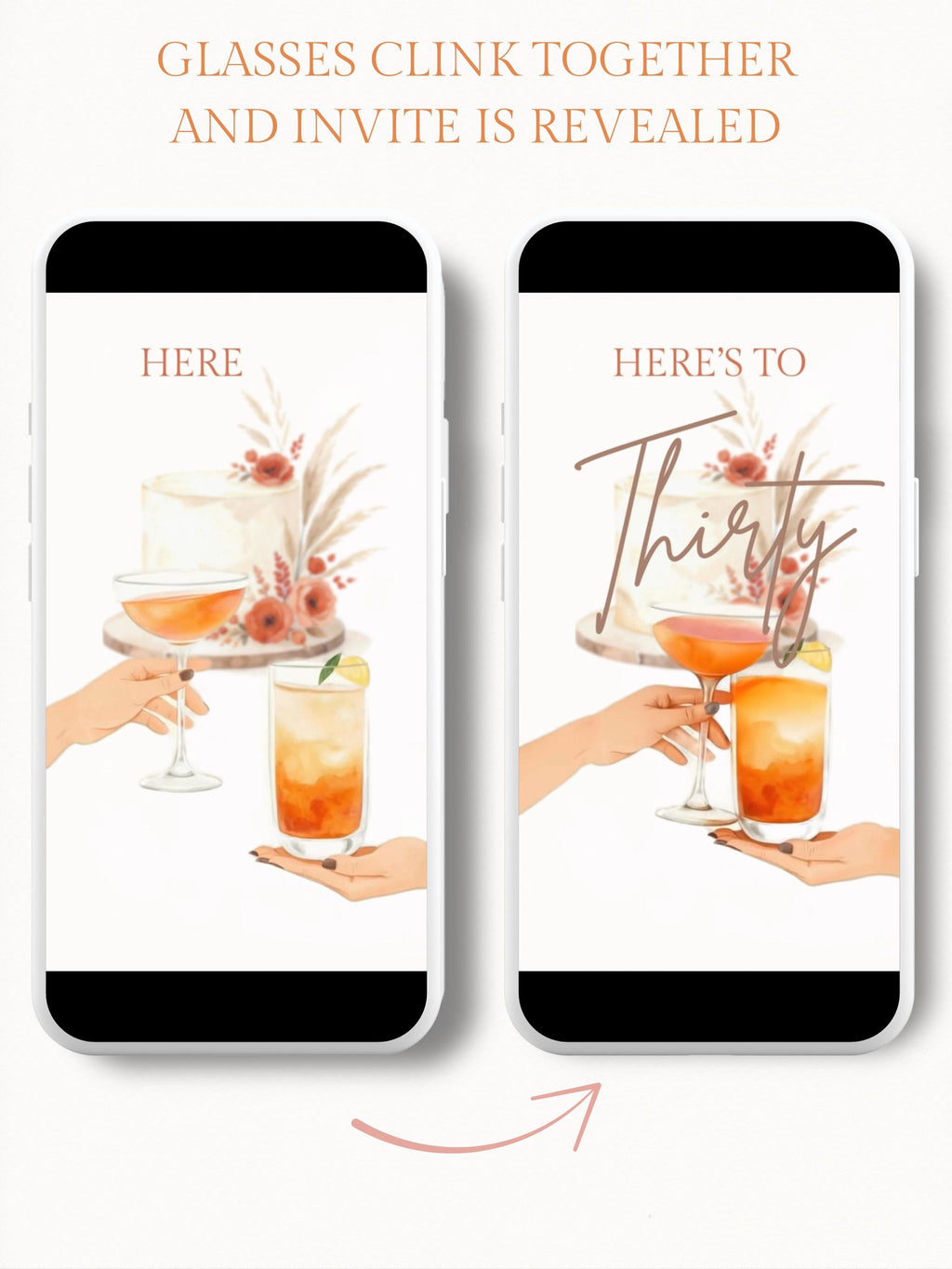 30th Birthday Invitation Animated Digital Evite with Clinking Glass Animation and Envelope Reveal, Peach Pink Editable Canva Video Template
