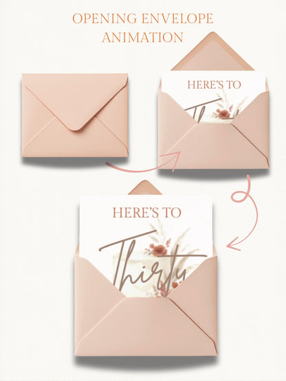 30th Birthday Invitation Animated Digital Evite with Clinking Glass Animation and Envelope Reveal, Peach Pink Editable Canva Video Template