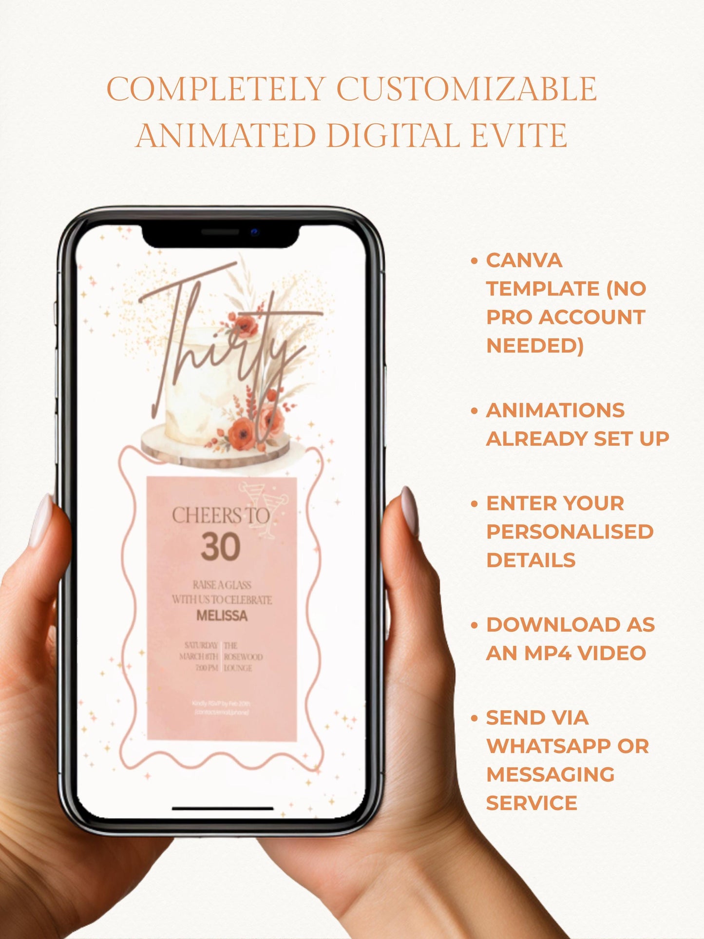 30th Birthday Invitation Animated Digital Evite with Clinking Glass Animation and Envelope Reveal, Peach Pink Editable Canva Video Template