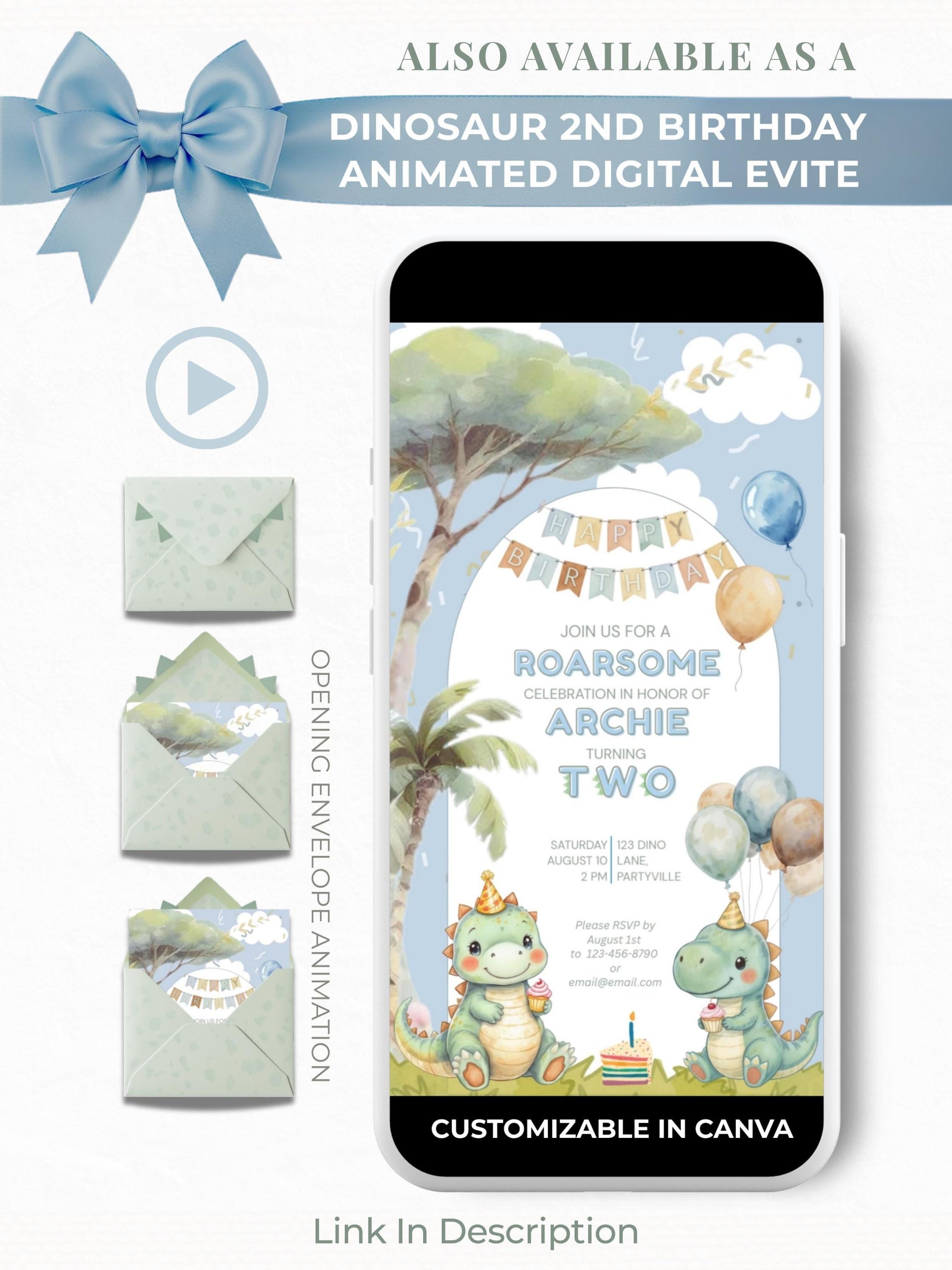 2nd Birthday Dinosaur Invitation- Dino Themed (Editable Canva Template Instant Download) -Kids Birthday Party