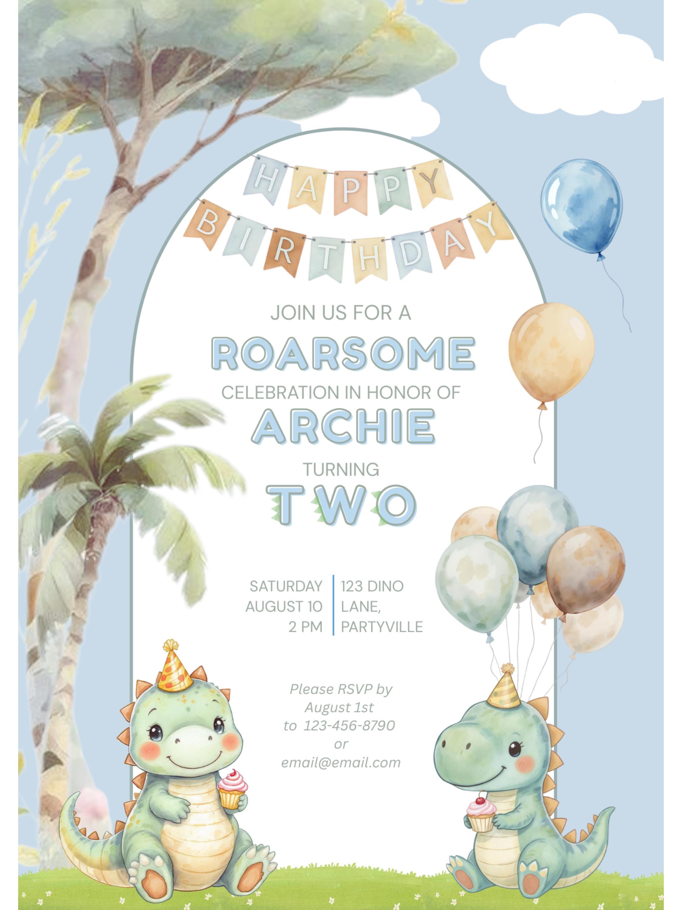 2nd Birthday Dinosaur Invitation- Dino Themed (Editable Canva Template Instant Download) -Kids Birthday Party