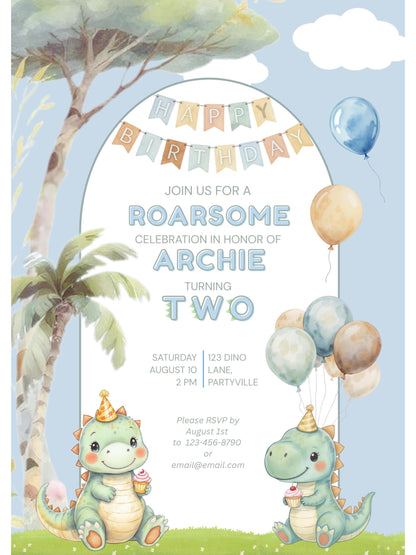 2nd Birthday Dinosaur Invitation- Dino Themed (Editable Canva Template Instant Download) -Kids Birthday Party