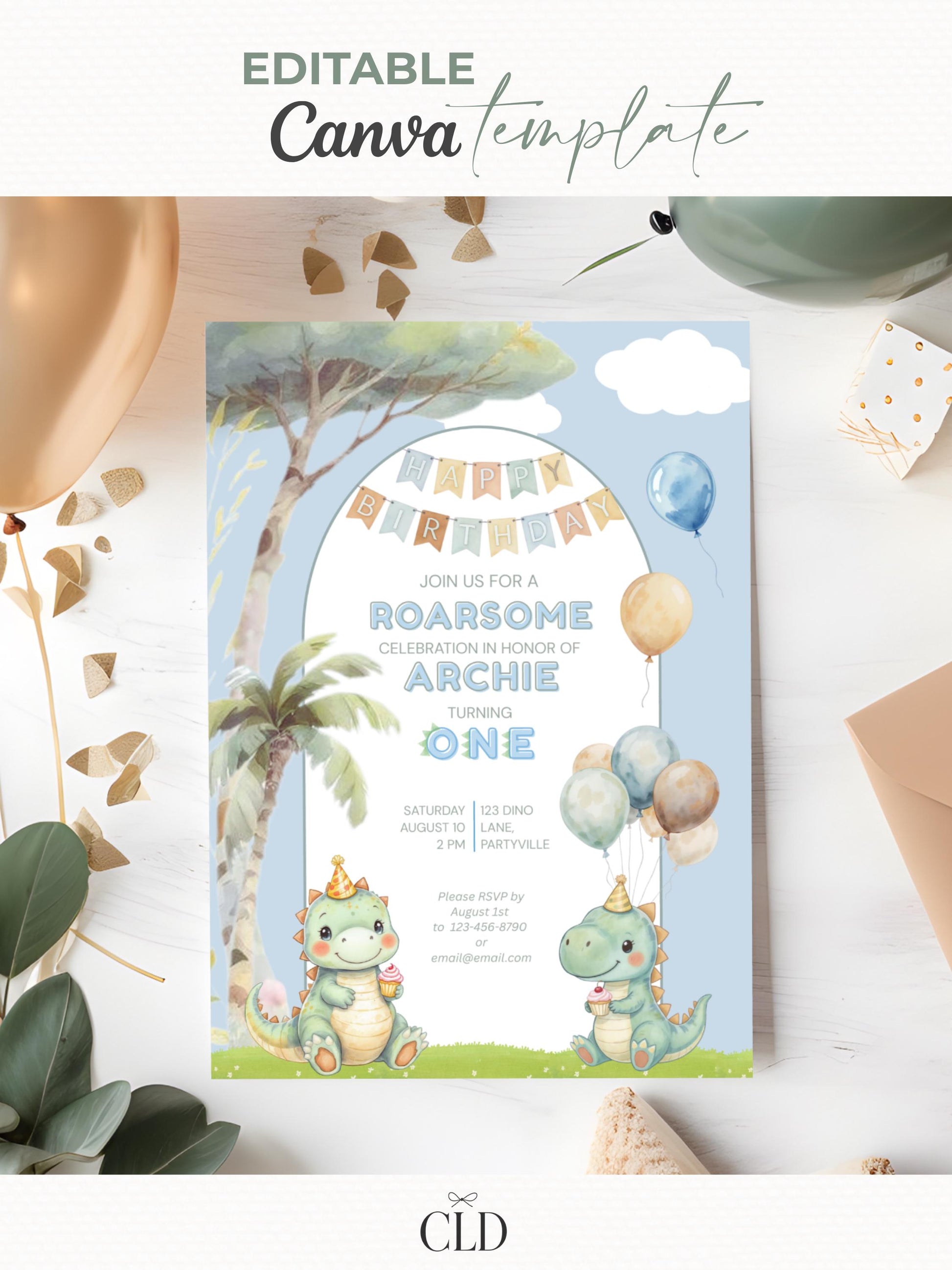 1st Birthday Dinosaur Invitation- Dino Themed (Editable Canva Template Instant Download) -Kids Birthday Party