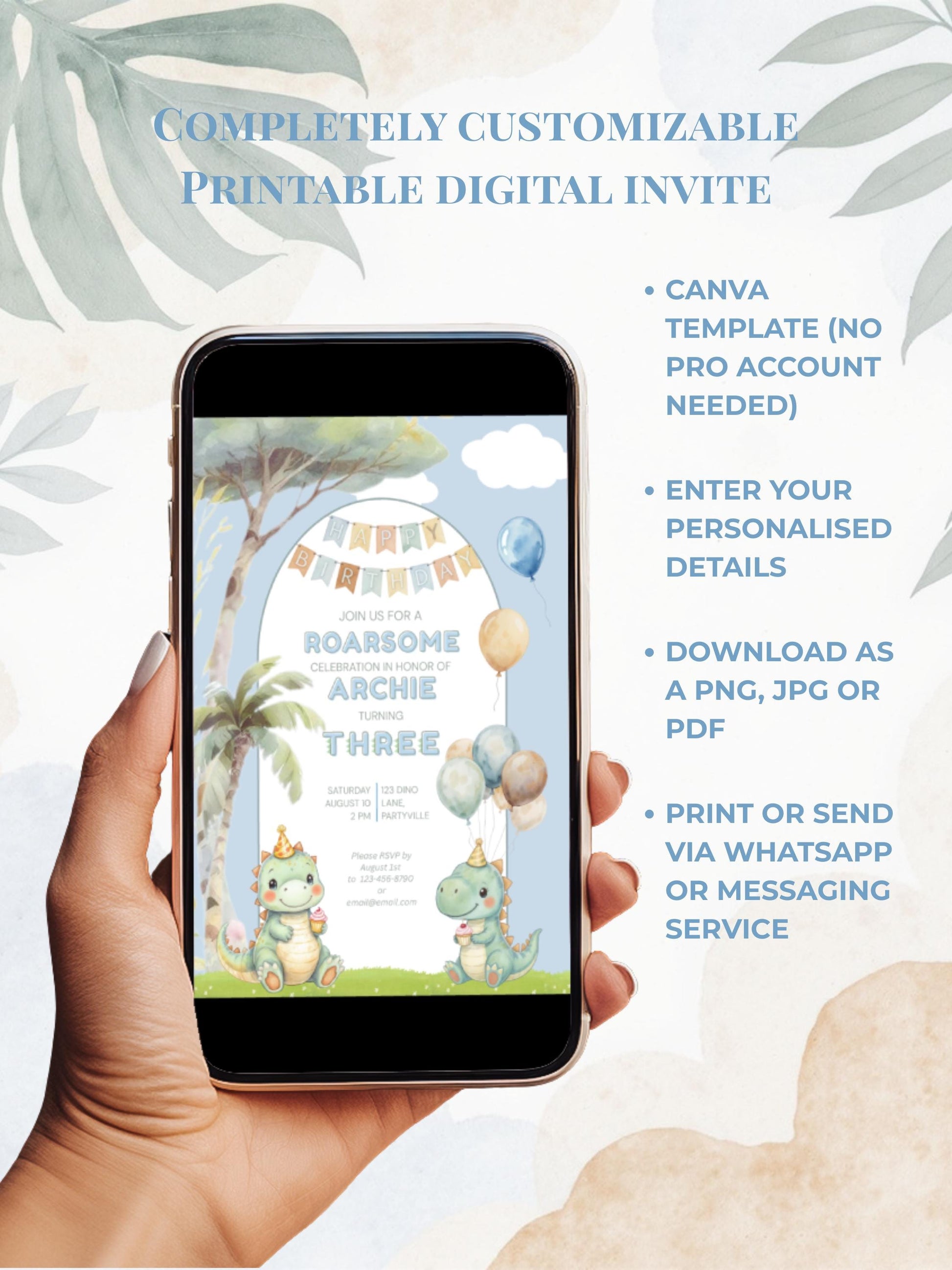 3rd Birthday Dinosaur Invitation- Dino Themed (Editable Canva Template Instant Download) -Kids Birthday Party