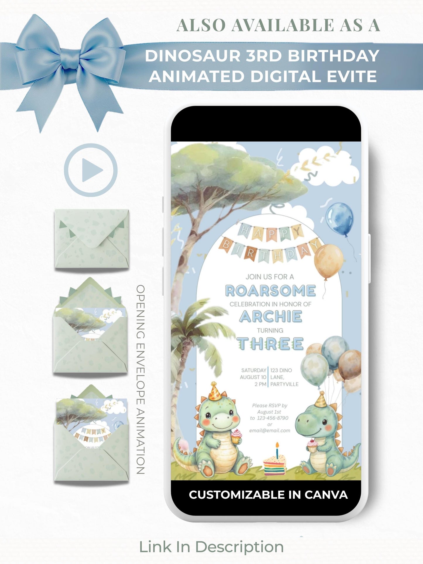 3rd Birthday Dinosaur Invitation- Dino Themed (Editable Canva Template Instant Download) -Kids Birthday Party