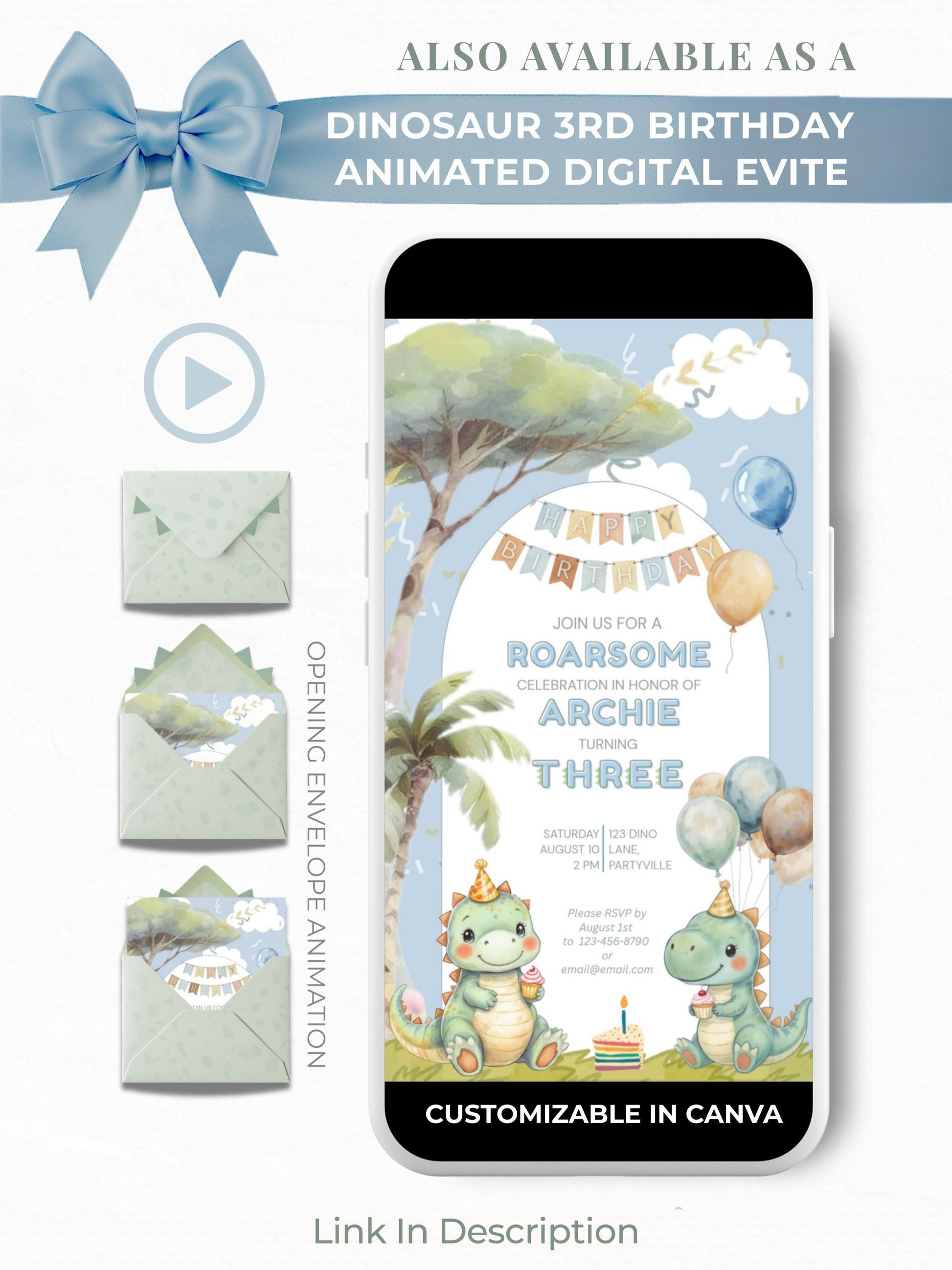 3rd Birthday Dinosaur Invitation- Dino Themed (Editable Canva Template Instant Download) -Kids Birthday Party