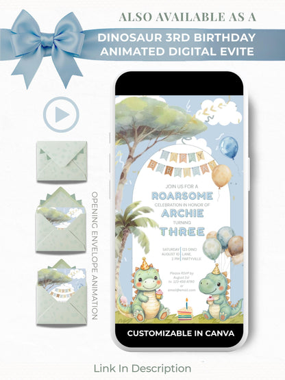 3rd Birthday Dinosaur Invitation- Dino Themed (Editable Canva Template Instant Download) -Kids Birthday Party