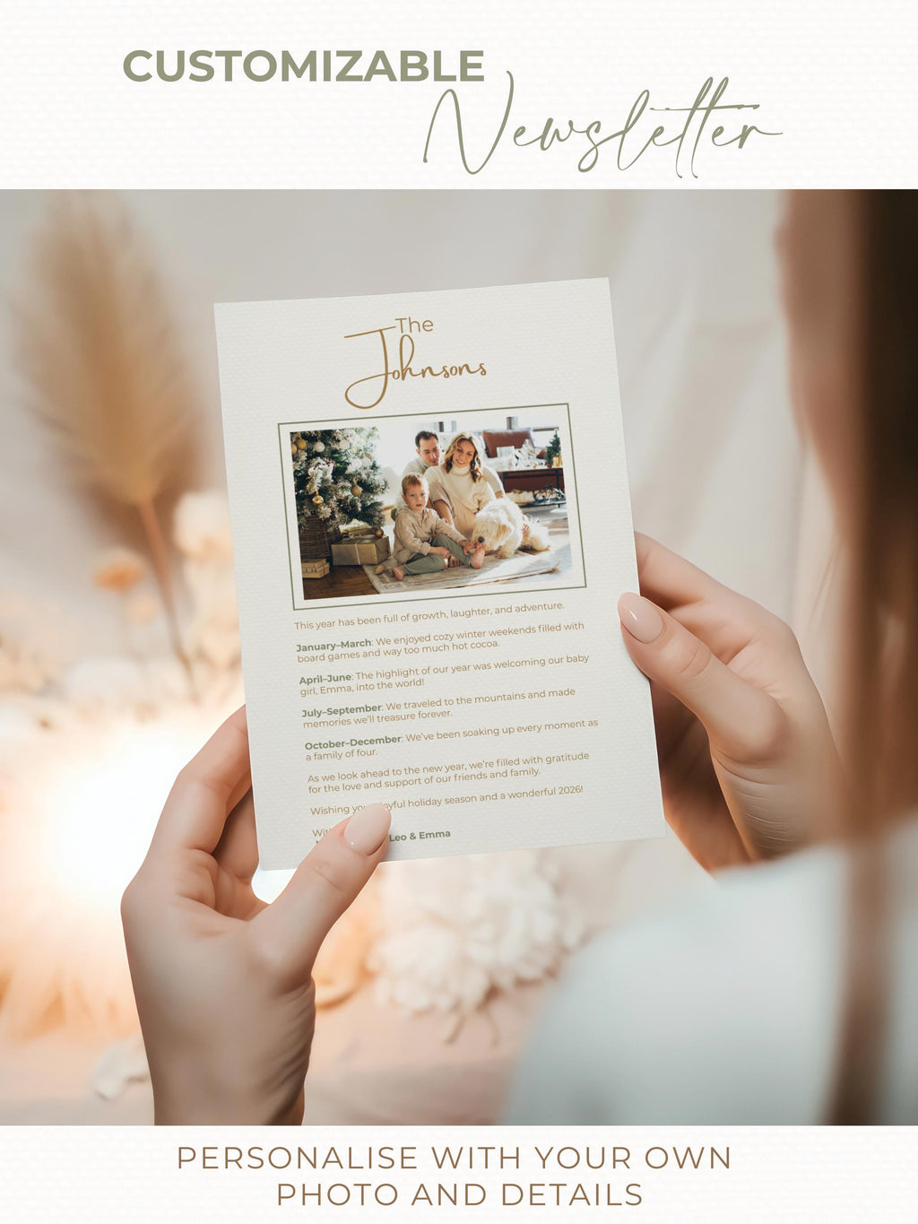 Editable Christmas Card with Newsletter - Modern Minimalist Tree Holiday Card Template, Canva Printable or Digital Family Greeting