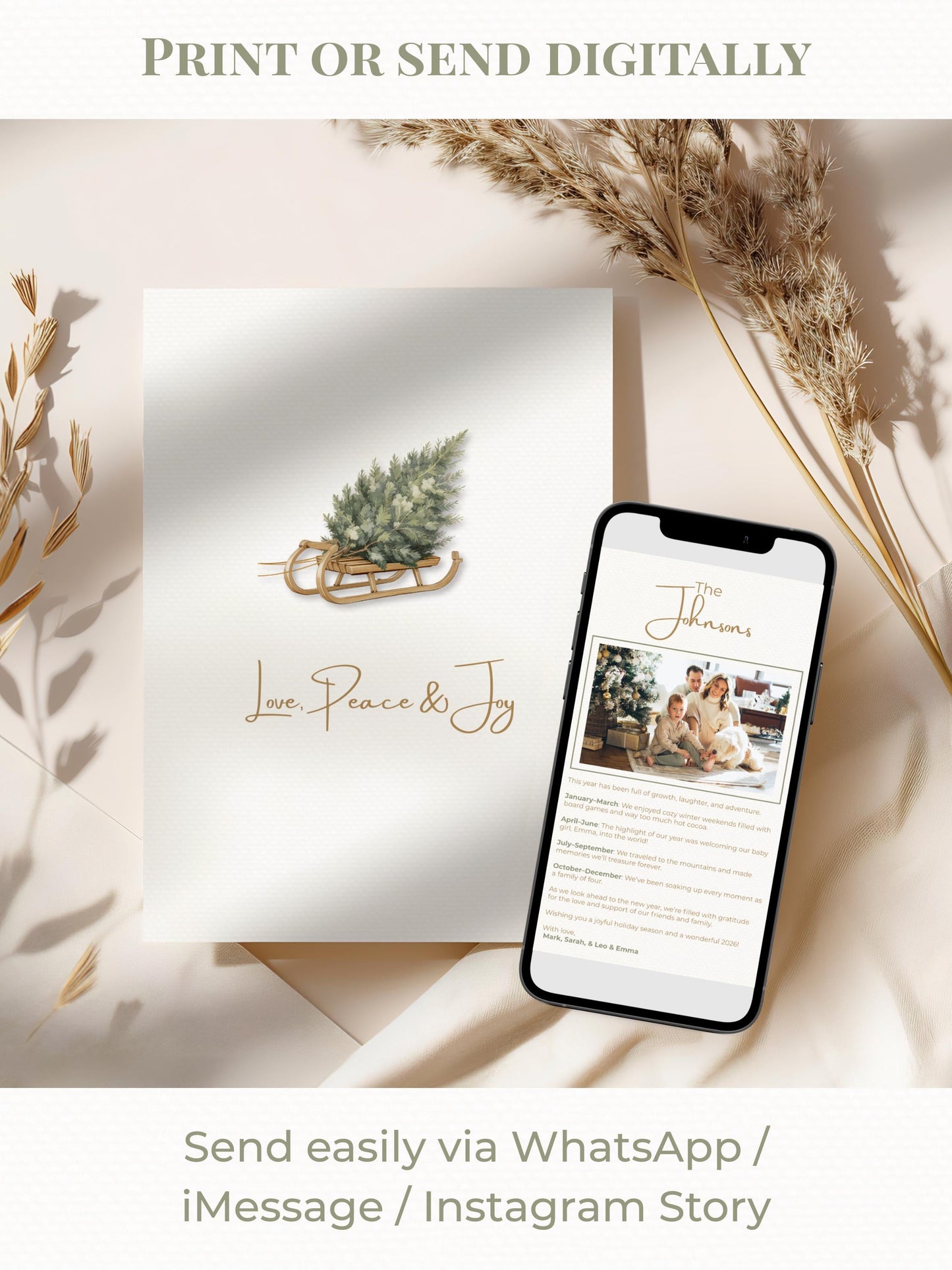 Editable Christmas Card with Newsletter - Modern Minimalist Tree Holiday Card Template, Canva Printable or Digital Family Greeting