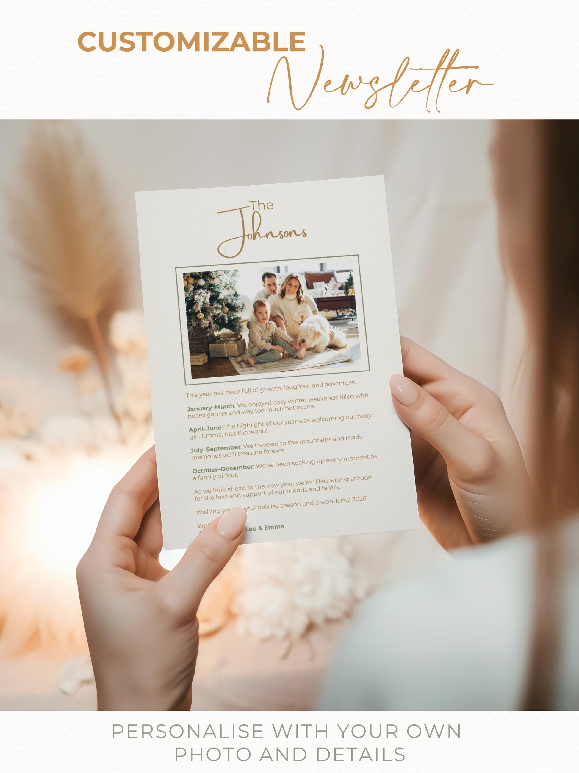 Editable Christmas Card with Newsletter - Cozy Rustic Holiday Card Template, Canva Printable, Family Photo Update, Digital Greeting