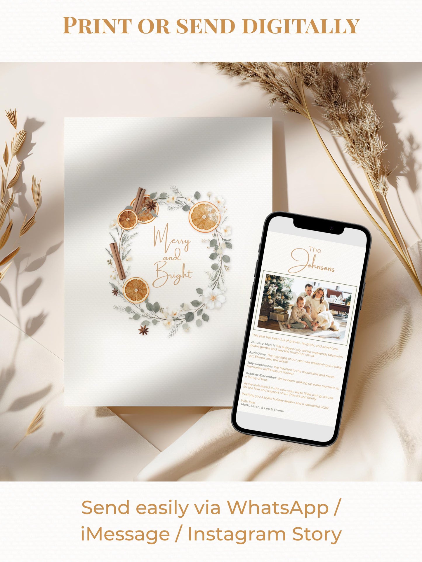 Editable Christmas Card with Newsletter - Botanical Orange Wreath Holiday Card Template, Canva Printable or Digital Family Greeting