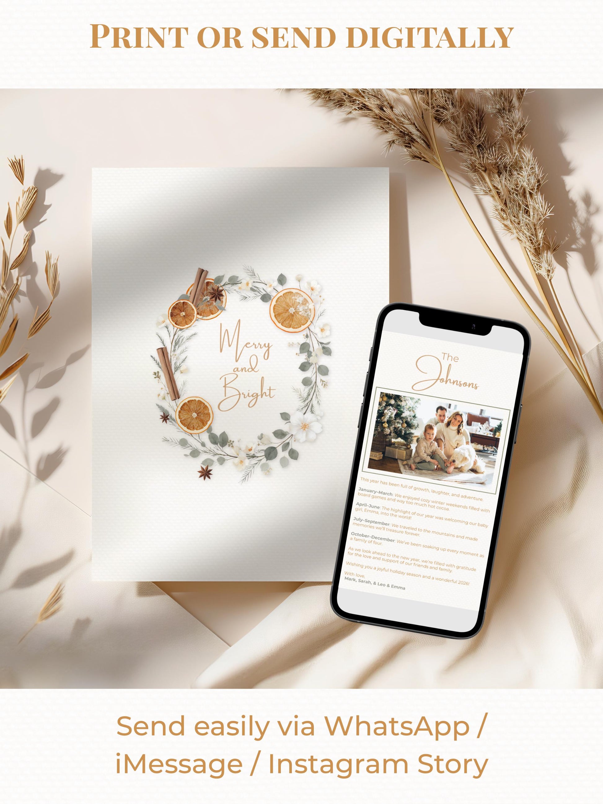 Editable Christmas Card with Newsletter - Botanical Orange Wreath Holiday Card Template, Canva Printable or Digital Family Greeting