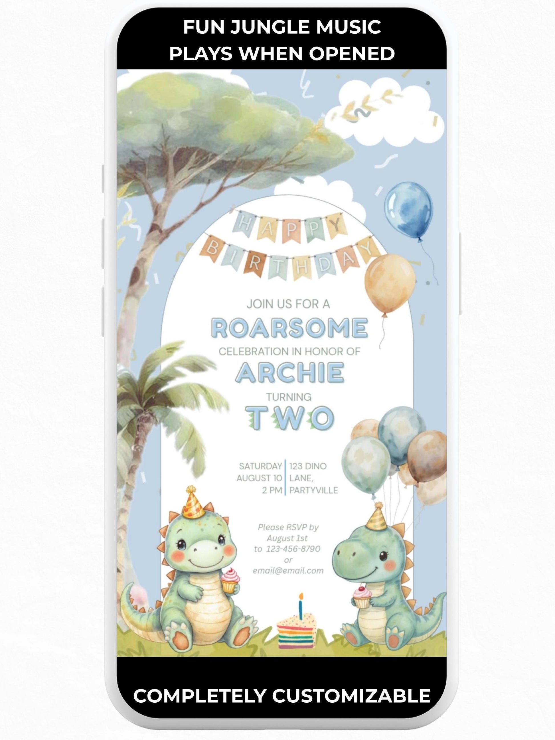 2nd Birthday Dinosaur Evite - Dino Themed Animated Digital Invitation - Editable Canva Template Kids Birthday Party Electronic Invite