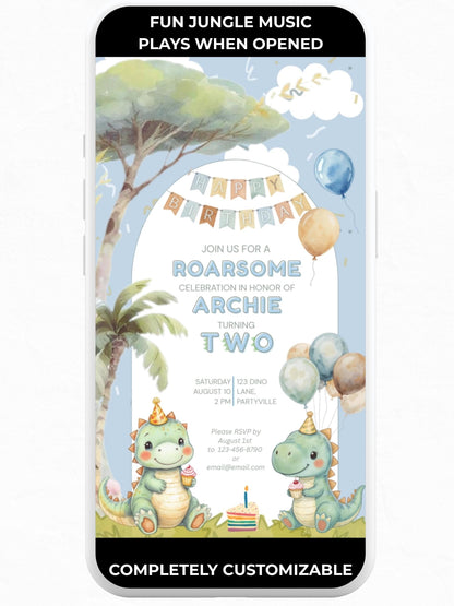 2nd Birthday Dinosaur Evite - Dino Themed Animated Digital Invitation - Editable Canva Template Kids Birthday Party Electronic Invite