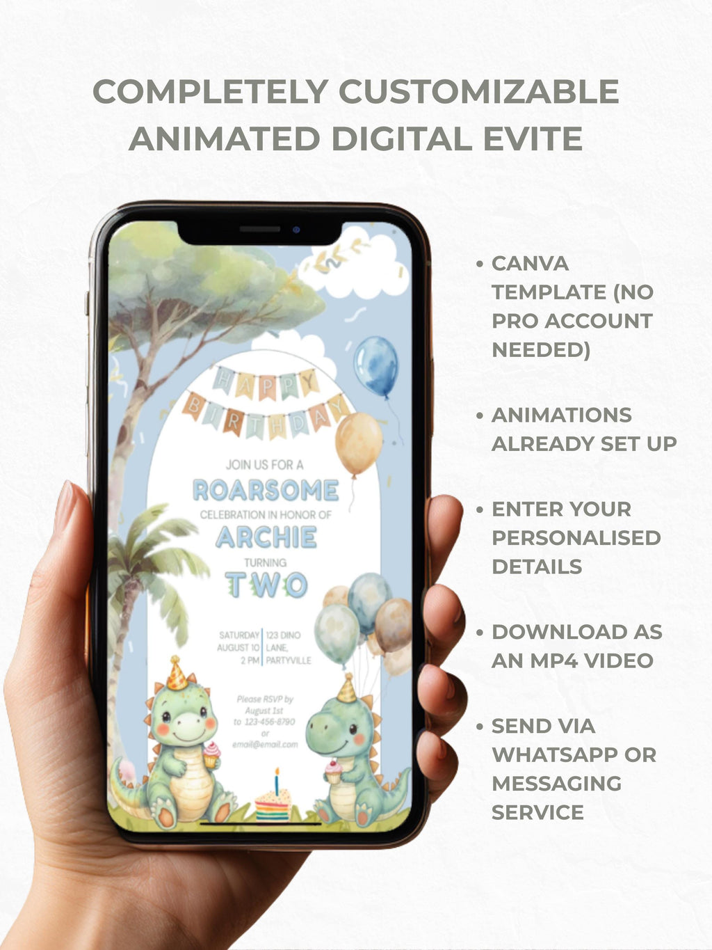 2nd Birthday Dinosaur Evite - Dino Themed Animated Digital Invitation - Editable Canva Template Kids Birthday Party Electronic Invite