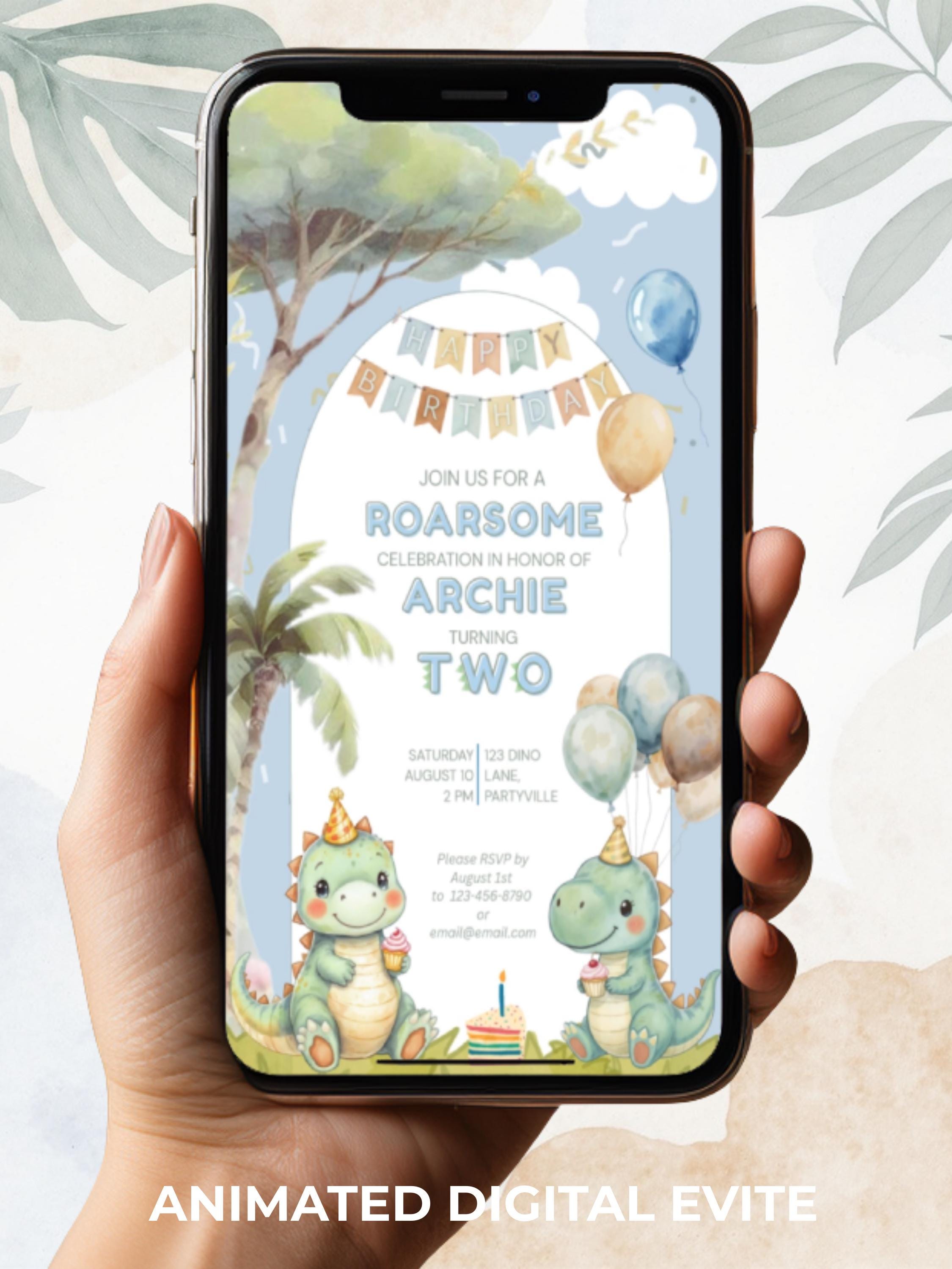 2nd Birthday Dinosaur Evite - Dino Themed Animated Digital Invitation - Editable Canva Template Kids Birthday Party Electronic Invite