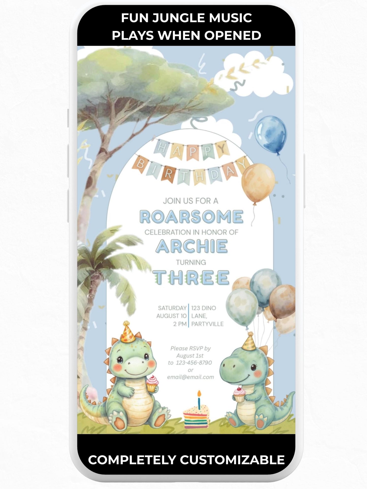 3rd Birthday Dinosaur Evite - Dino Themed Animated Digital Invitation - Editable Canva Template Kids Birthday Party Electronic Invite