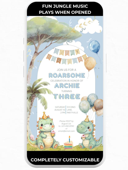 3rd Birthday Dinosaur Evite - Dino Themed Animated Digital Invitation - Editable Canva Template Kids Birthday Party Electronic Invite