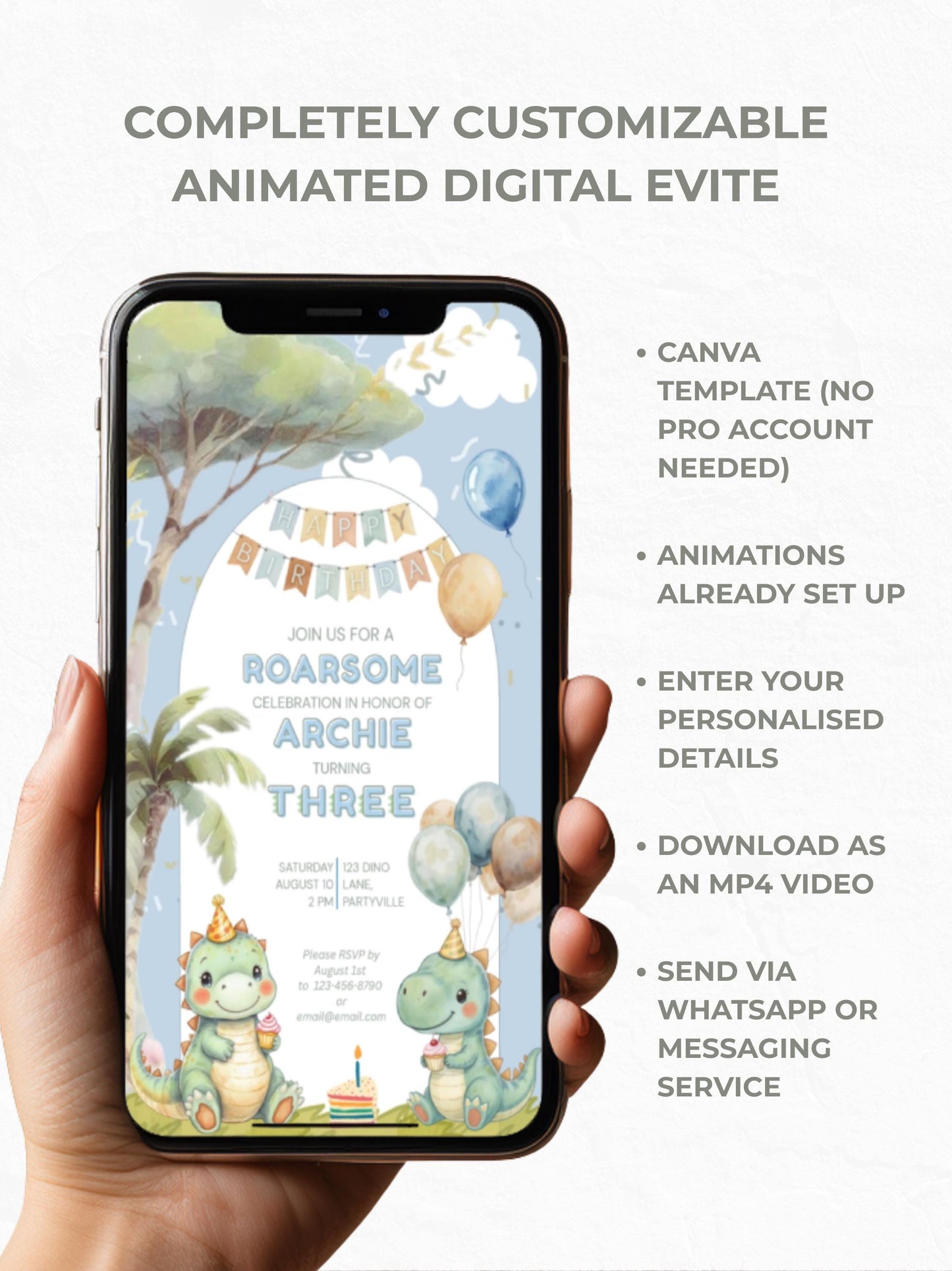 3rd Birthday Dinosaur Evite - Dino Themed Animated Digital Invitation - Editable Canva Template Kids Birthday Party Electronic Invite