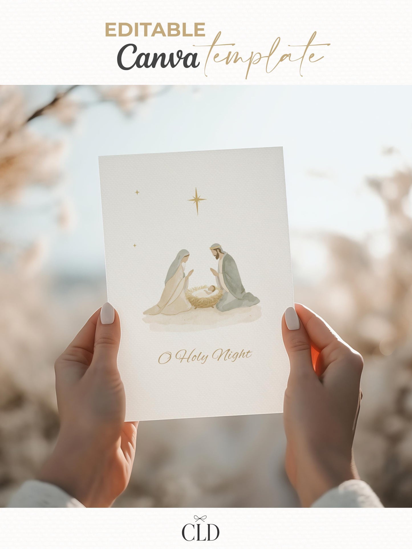 Editable Christian Christmas Card with Newsletter - O Holy Night Nativity Canva Template, Printable or Digital Holiday Greeting
