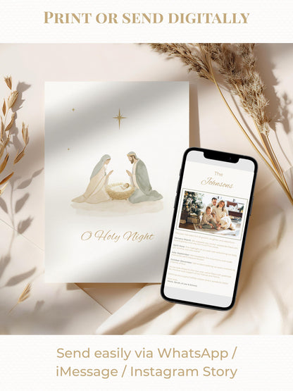Editable Christian Christmas Card with Newsletter - O Holy Night Nativity Canva Template, Printable or Digital Holiday Greeting