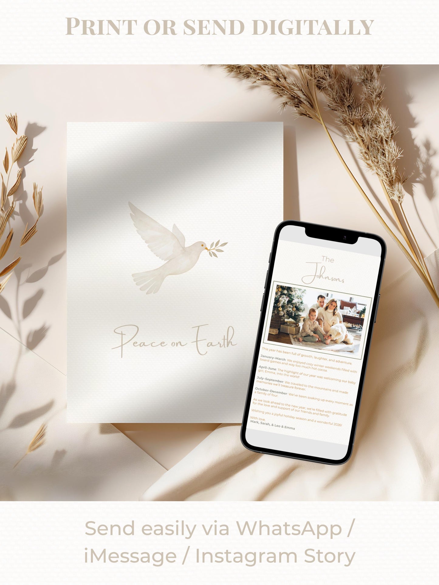 Editable Christmas Card with Newsletter - Christian Peace on Earth Dove Canva Template, Printable or Digital Holiday Greeting