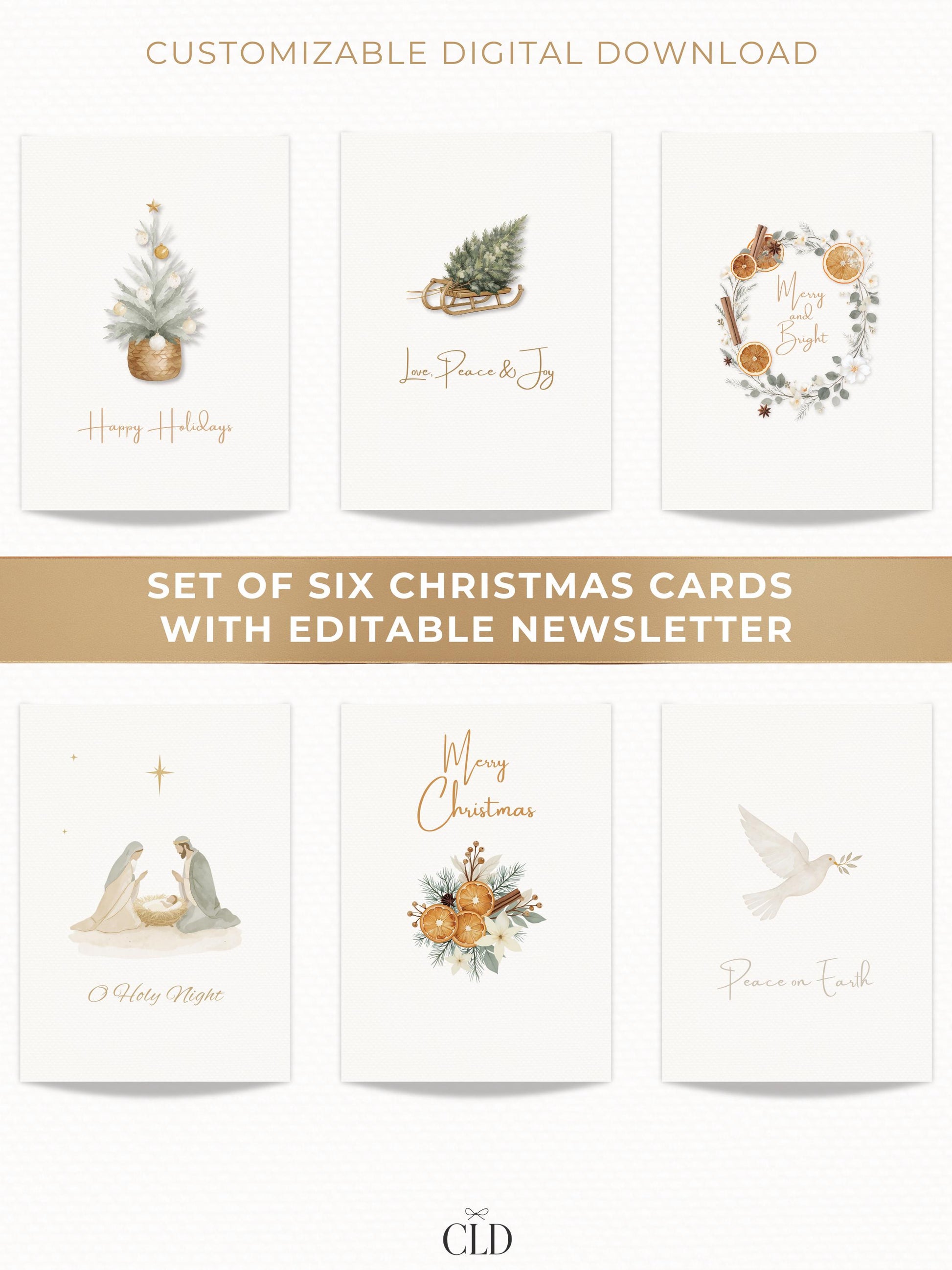 Set of six editable Christmas cards with customizable family newsletter templates, modern watercolor holiday bundle for print or digital sending