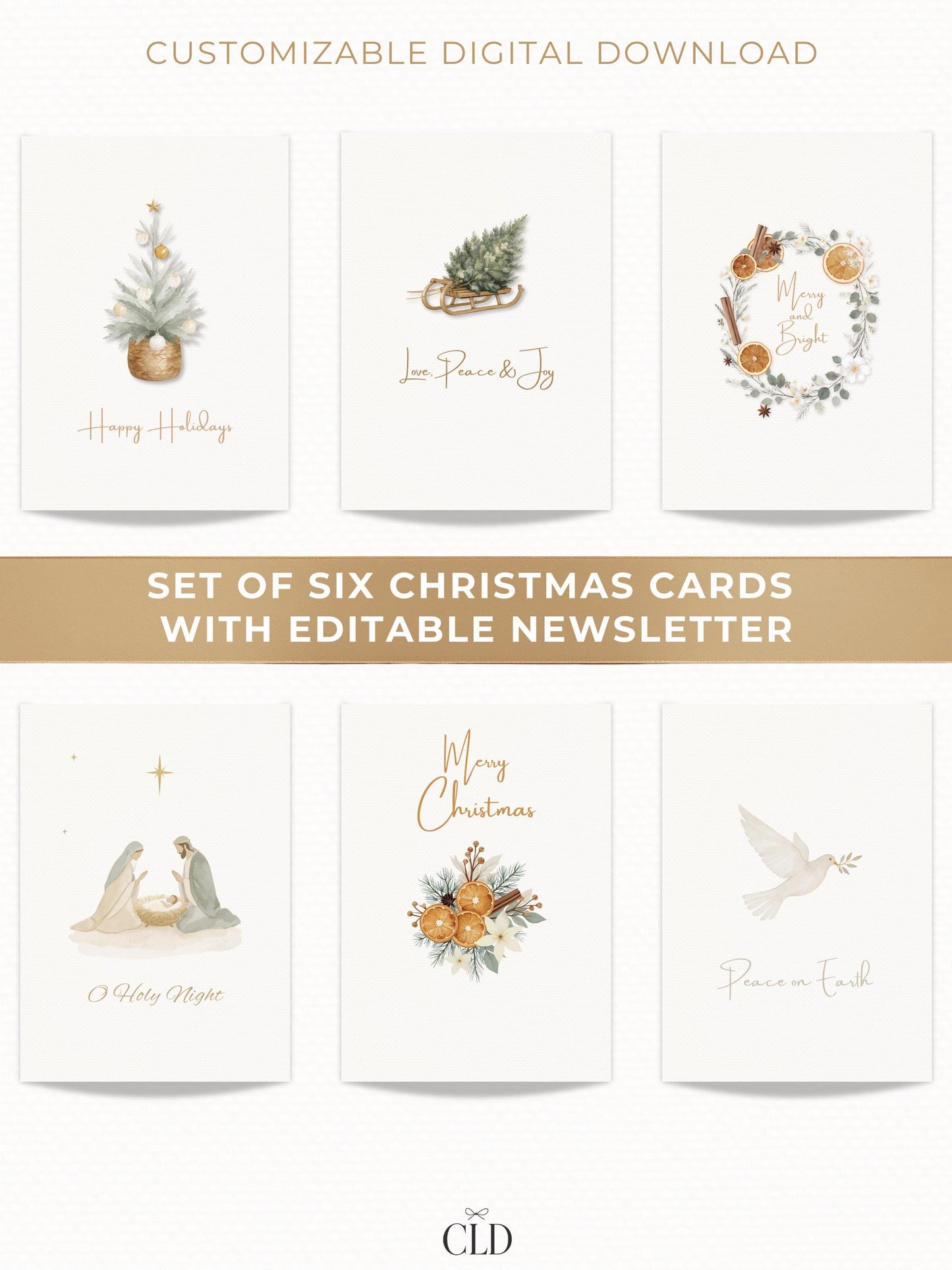 Set of six editable Christmas cards with customizable family newsletter templates, modern watercolor holiday bundle for print or digital sending