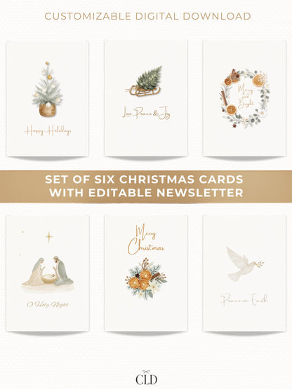 Set of six editable Christmas cards with customizable family newsletter templates, modern watercolor holiday bundle for print or digital sending