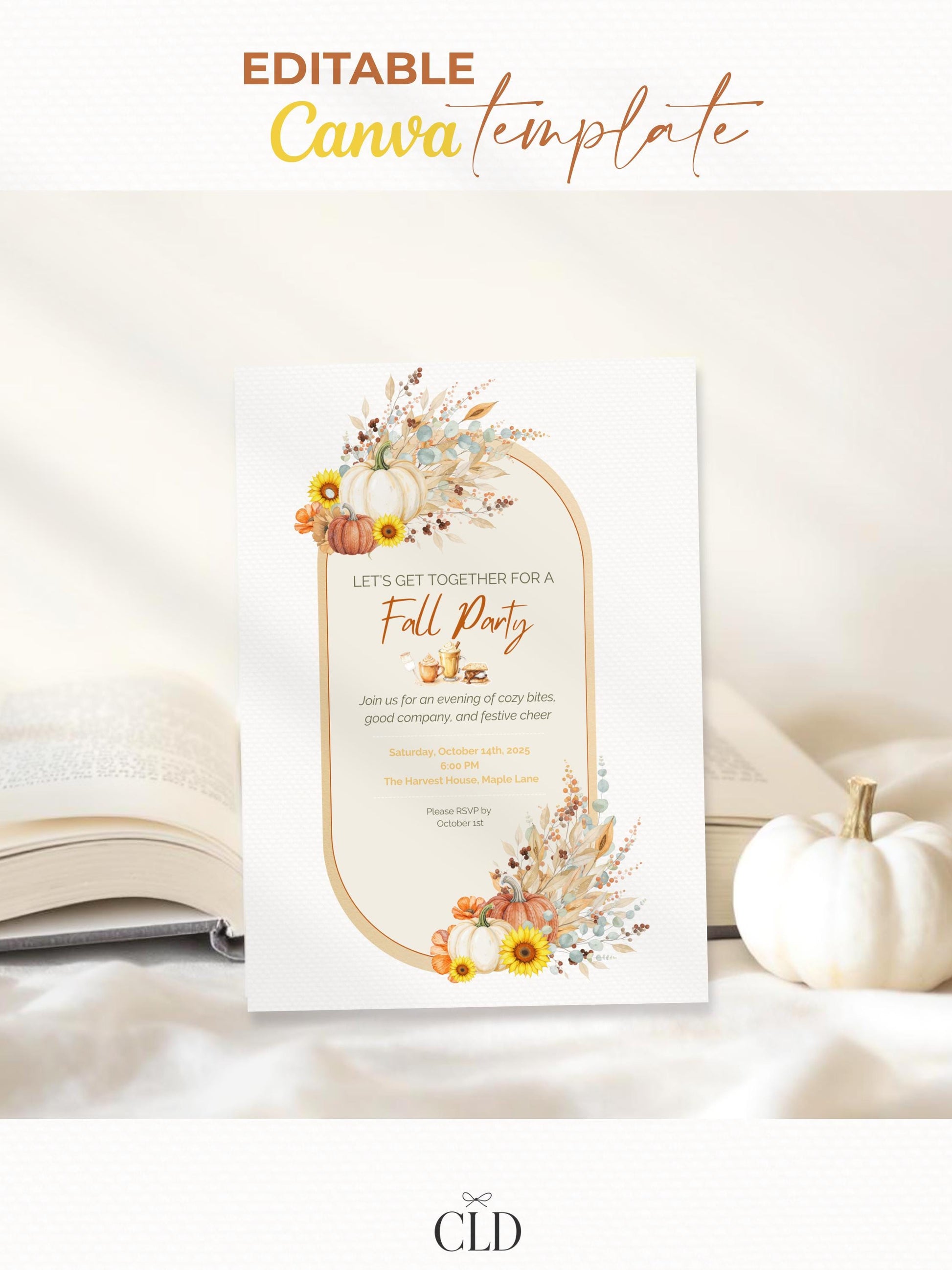 Printable Fall Party Invitation - Autumn Dinner Party Invite with Pumpkins & Florals (Digital Editable Canva Template)