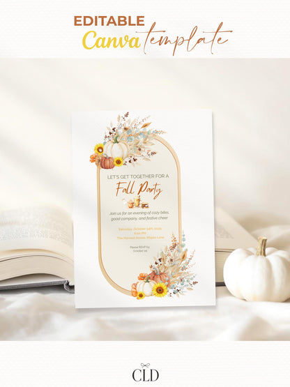 Printable Fall Party Invitation - Autumn Dinner Party Invite with Pumpkins & Florals (Digital Editable Canva Template)