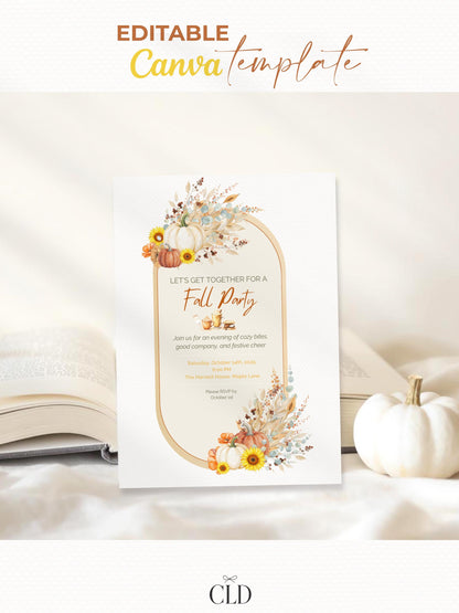 Printable Fall Party Invitation - Autumn Dinner Party Invite with Pumpkins & Florals (Digital Editable Canva Template)