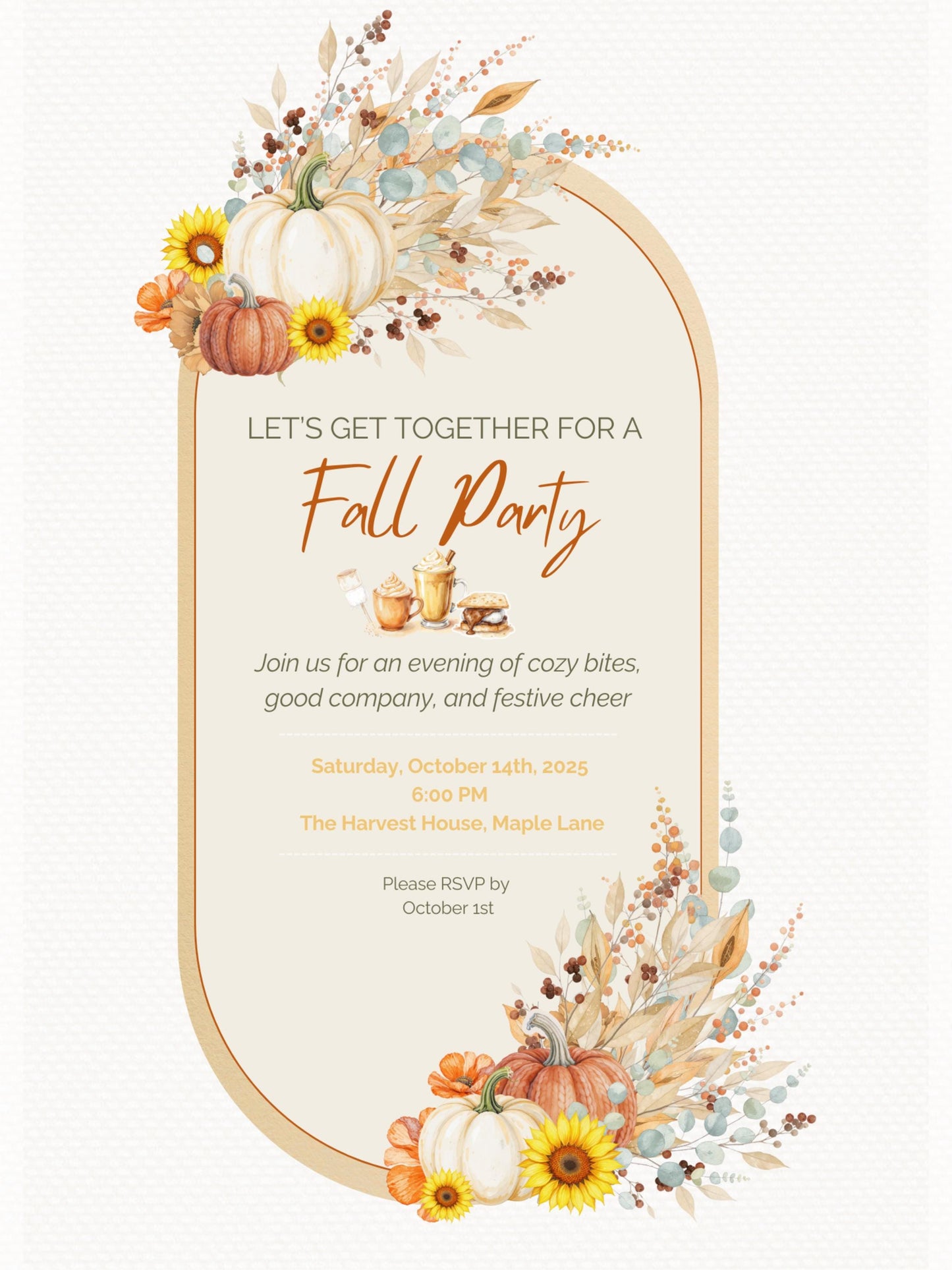 Printable Fall Party Invitation - Autumn Dinner Party Invite with Pumpkins & Florals (Digital Editable Canva Template)