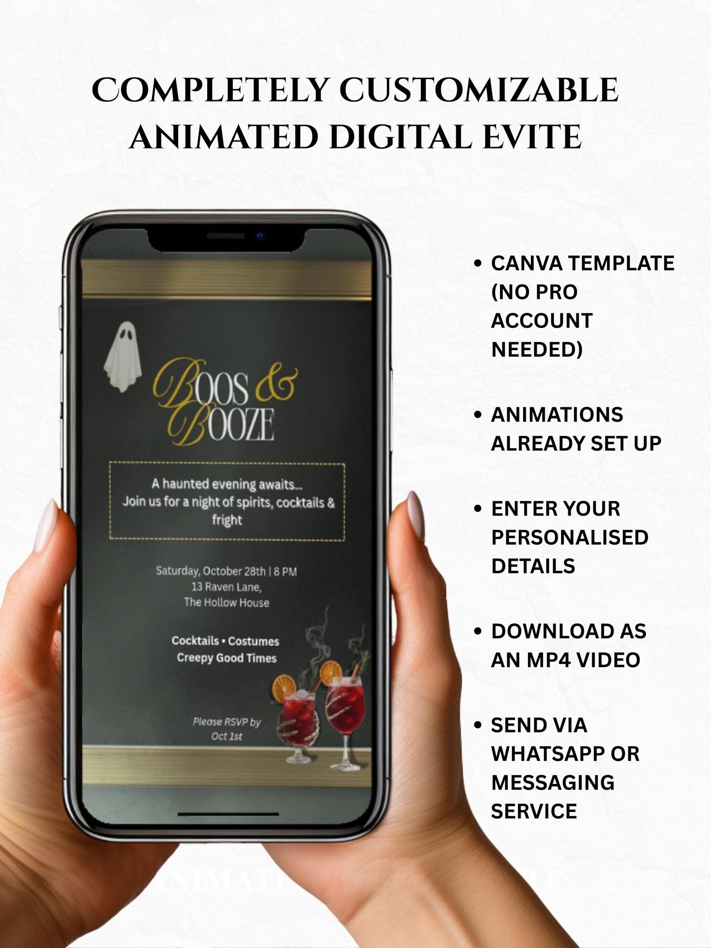 Boos and Booze Evite, Haunted Halloween Party Invitation, Spooky Cocktail Digital Invite, Editable Canva Template, Animated Halloween Evite